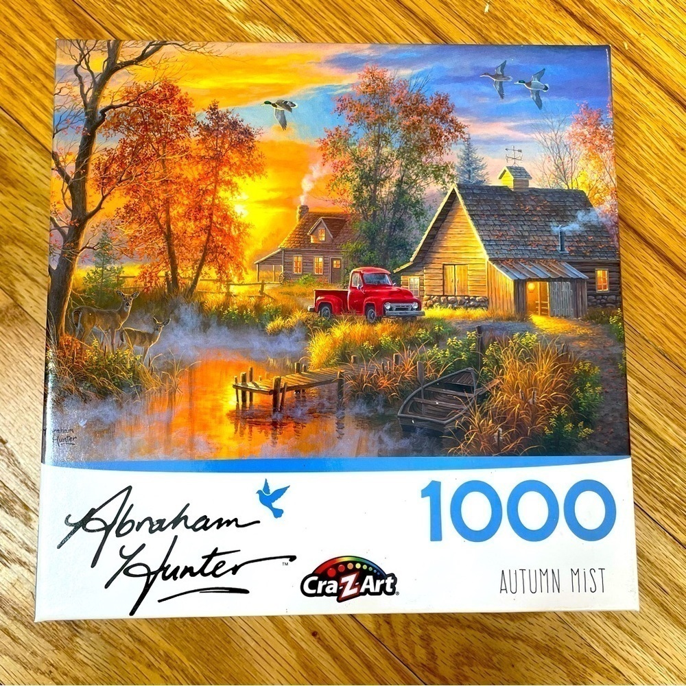 Buffalo 1000 piece jigsaw puzzle Abraham Hunter Autumn Mist lake cabin